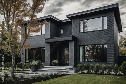 Modern Home Exterior with Gray and Black Brick Walls, Generative AI