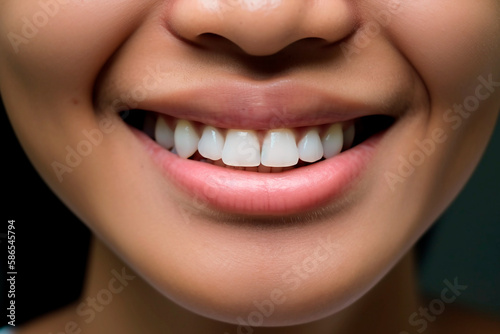 Close up woman detail healthy white teeth  beige lipstick. Generative AI