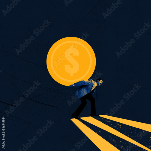 Business man carrying big golden coin on back with effort symbolizing financial difficulties. Art collage in minimalistic style