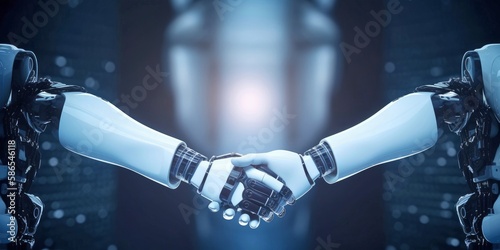 Businessmen engaging in a handshake with AI Robot, gesture of greeting and a sign of a potential business deal. Business cooperation, mergers and acquisitions, finance and investment background