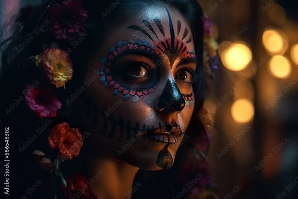 Cinco de mayo woman black hair face painted, day of the dead ,generative Ai