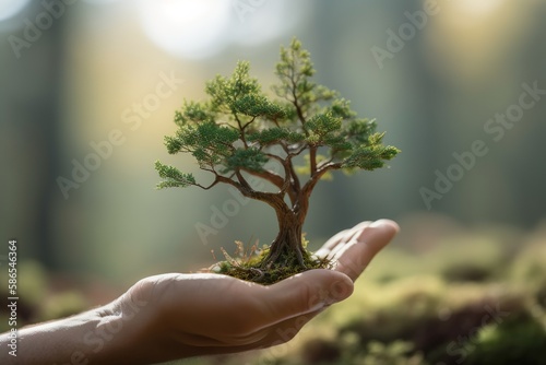 hand protecting a tree, generative Ai