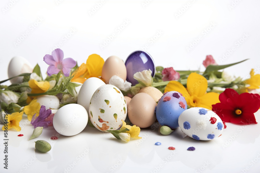 Easter egg , Cute adorable Easter eggs background. Group of colorful eggs and spring flowers