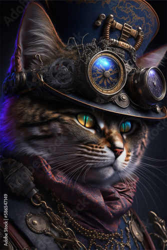 Steampunk Katze, realistische Katze verkleidet, Portrait von einer Katze im Steampunk Stil, Close up Steampunk Cat mit Zylinder oder Brille, brillante Farben Kätzchen 