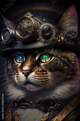 Steampunk Katze, realistische Katze verkleidet, Portrait von einer Katze im Steampunk Stil, Close up Steampunk Cat mit Zylinder oder Brille, brillante Farben Kätzchen 