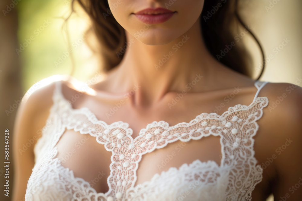White Lace Bra : A Close-up of a Stunning Bra Adorning a Young Woman's Gorgeous Breasts , Emphasizing Her Feminine Beauty and Confidence, Radiating under the Warmth of a Sunlit Day. Generative AI