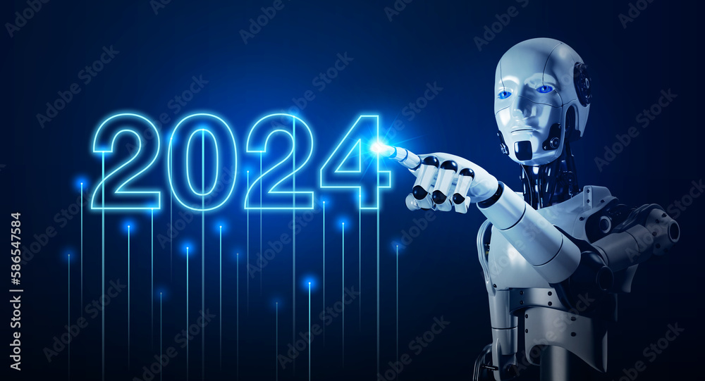 3d rendering AI robot humanoid touching on 2024 calendar year number, glowing on dark blue background. Happy new year, Business growth and technology development with artificial intelligence.