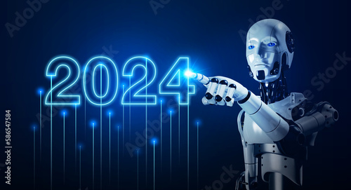 Fototapeta Naklejka Na Ścianę i Meble -  3d rendering AI robot humanoid touching on 2024 calendar year number, glowing on dark blue background. Happy new year, Business growth and technology development with artificial intelligence.