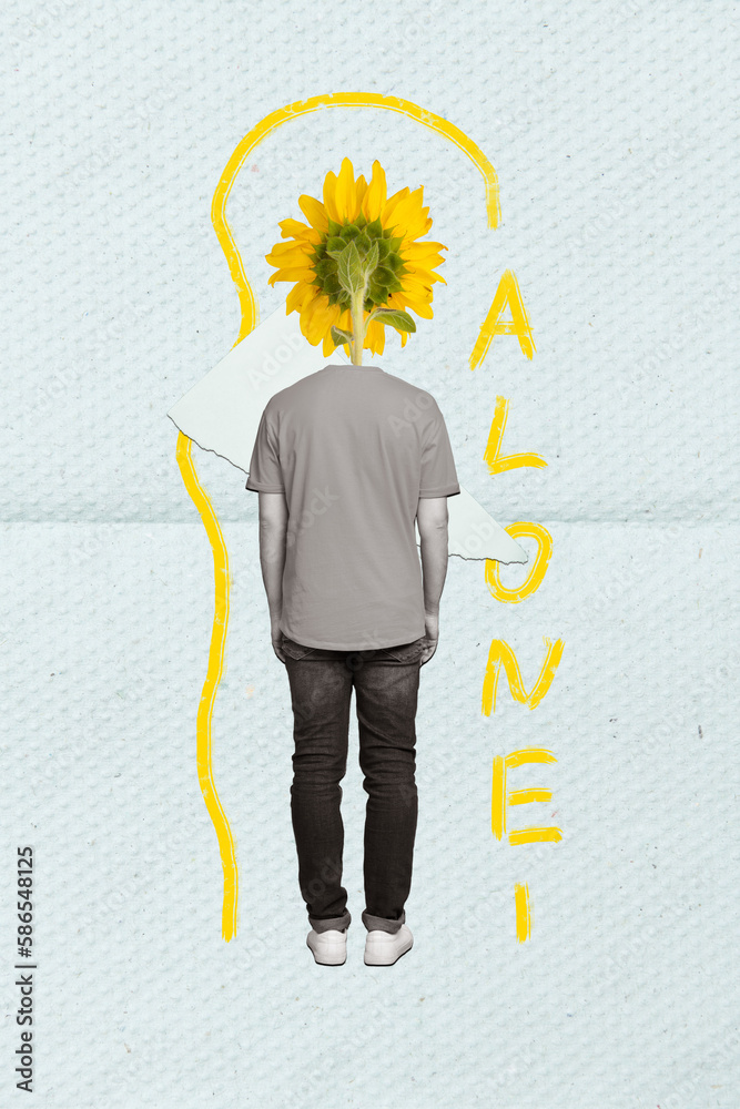 Vertical photo collage sketch illustration of alone ashamed outcast headless guy sunflower instead of head isolated drawing background Vertical photo collage sketch illustration of alone ashamed outcast headless guy sunflower instead of head isolated drawing background