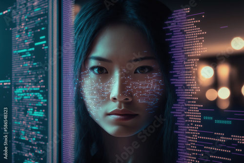 A digital avatar or artificial intelligence with an Asian female face surrounded by software code in cyberspace. Blurring the line between real world and virtual reality. Generative AI