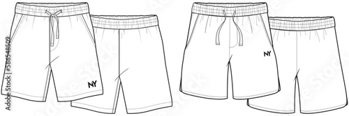 mens elastic waist drawstring shorts flat sketch vector illustration front and back view technical cad drawing template