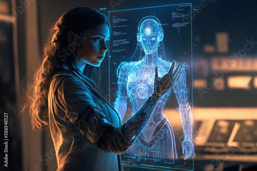 Side view of woman scientist in white robe standing next to monitor with augmented reality digital model of female robot, looking at her new prosthetic bionic hand, creating girl cyborg. Generative AI photo