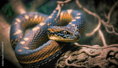 Close-up of a Snake coiled around a branch - Generative AI