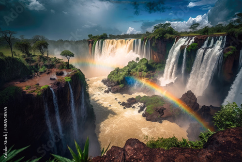 The dramatic waterfalls and misty rainforests of Iguazu Falls  Argentina and Brazil  with rainbow - Generative AI
