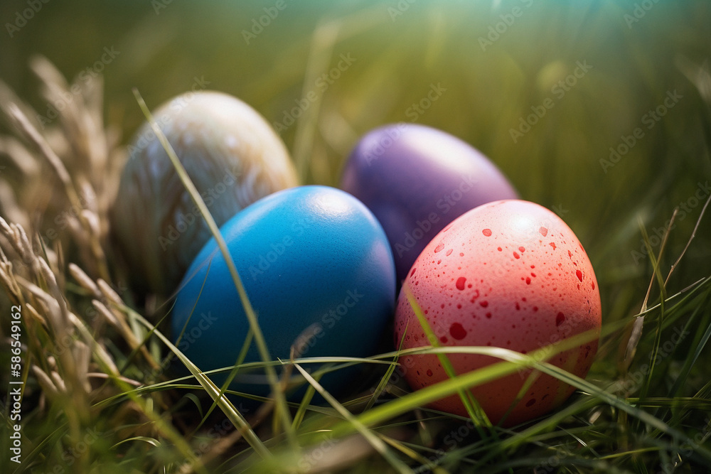 Beautiful close-up photo of colorful and vibrant easter eggs made with generative AI