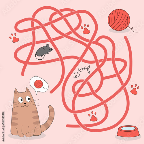 Help cute cat find path to ball of thread. Labyrinth. Maze game for kids. Messy line children logic game. Confusing path lines vector illustration.