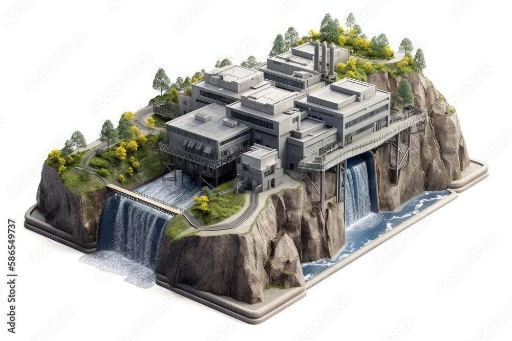 House Model Standing on Top of a Waterfall. Generative AI House Model Standing on Top of a Waterfall. Generative AI