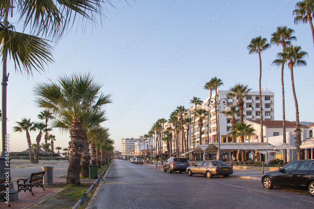 Naklejka premium Beautiful view of the main street of Larnaca and Phinikoudes beach in Cyprus