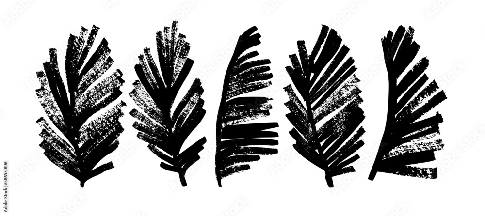 Exotic palm leaves in grunge style collection. Brush drawn tropical palm leaves isolated on white background. Handdrawn vector ink illustration with dry brush texture. Botanical tropical foliage. Exotic palm leaves in grunge style collection. Brush drawn tropical palm leaves isolated on white background. Handdrawn vector ink illustration with dry brush texture. Botanical tropical foliage.