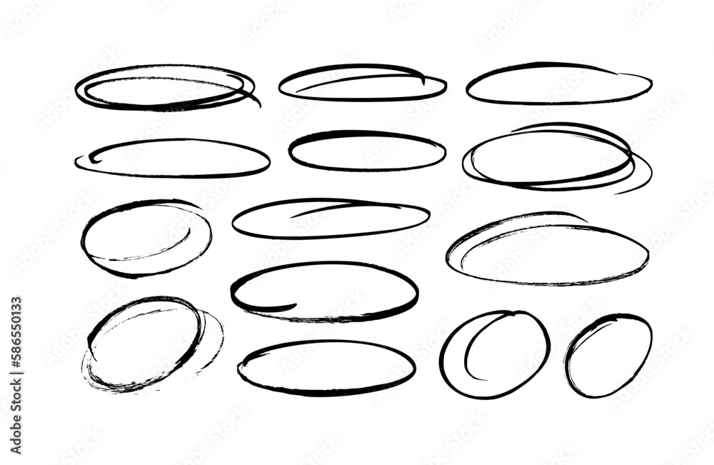 Set of hand drawn doodle ellipses. Scribble ovals and bubbles to circle and highlight text. Collection of different brush drawn black circles. Marker round elements isolated on white background.