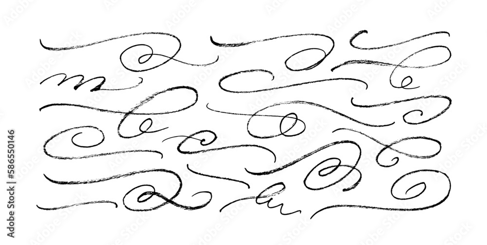 © Anastasiia Hevko - Hand drawn ornament divider collection. Vector calligraphy swirls. Brush drawn flourishes, swashes and decorative wavy lines. Black filigree underline strokes. Typography tails in vintage style.