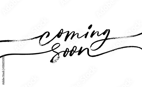 Coming soon brush calligraphic lettering with swashes. Promotion banner with cursive text. Hand drawn calligraphy words. Announcement modern vector banner. Design text element. Black paint lettering.