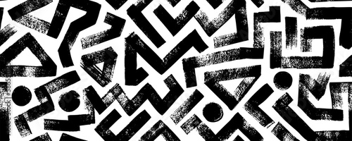 Grunge seamless pattern with zigzag lines, triangles and dots. Hand drawn bold geometric shapes. Modern stylish texture with labyrinth motif. Vector ink Illustration. Repeating geometric pattern.  © Анастасия Гевко