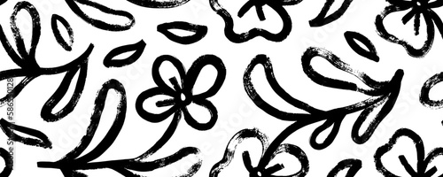 Hand drawn black paint chamomiles seamless pattern. Ink drawing abstract flowers and leaves in naive style, childish or primitive drawing. Black and white vector botanical decorative ornament.