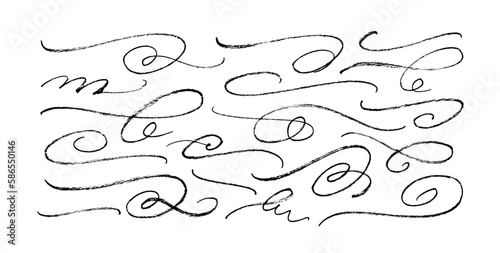 Hand drawn ornament divider collection. Vector calligraphy swirls. Brush drawn flourishes, swashes and decorative wavy lines. Black filigree underline strokes. Typography tails in vintage style. 