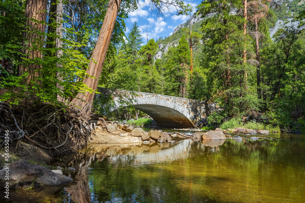 Pohono bridge seen from the Merced river in Yosemite Valley, Yosemite National Park, USA