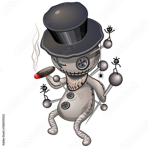 Voodoo Doll Funny Dancing Character with Black little Evil Spirits and Stings all over its body Vector Illustration isolated on white
