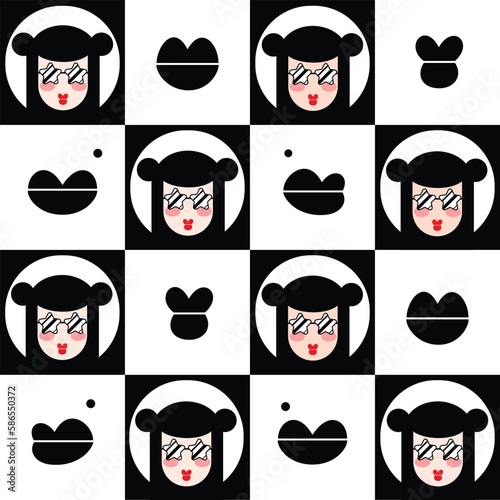 Seamless black and white kitsch modular repeating seamless pattern girl with star shaped glasses