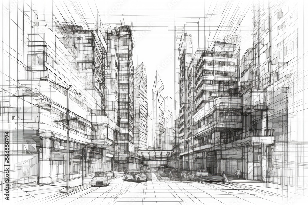 bustling urban street in black and white. Generative AI