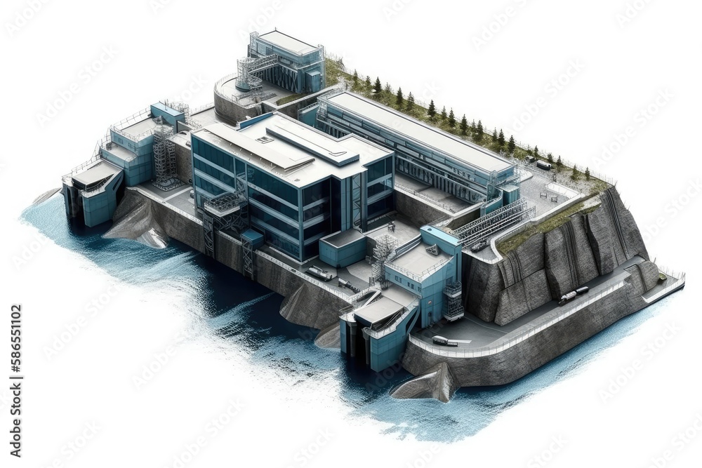 solitary building on an island surrounded by water. Generative AI solitary building on an island surrounded by water. Generative AI