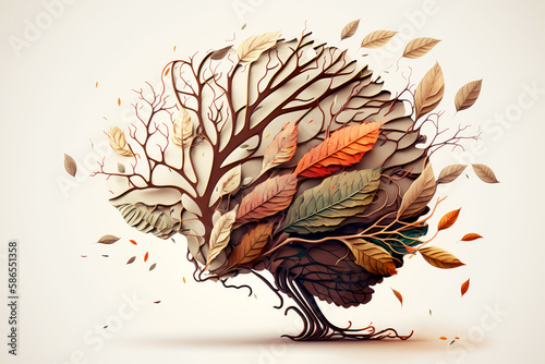 Symbol of memory loss due to dementia, alzheimer. Illustration of a human head with a brain made of withered falling autumn leaves. Brain degeneration concept. Decreased mind function. Generative ai.
