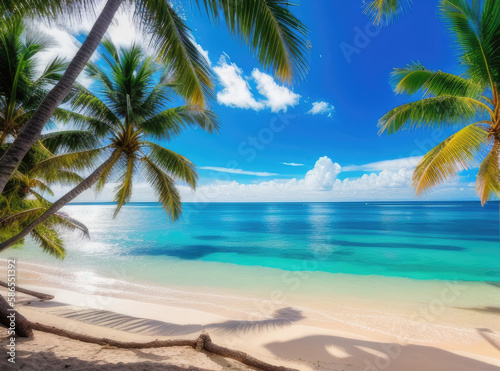 tropical beach with palm trees and sea background © Nikodem