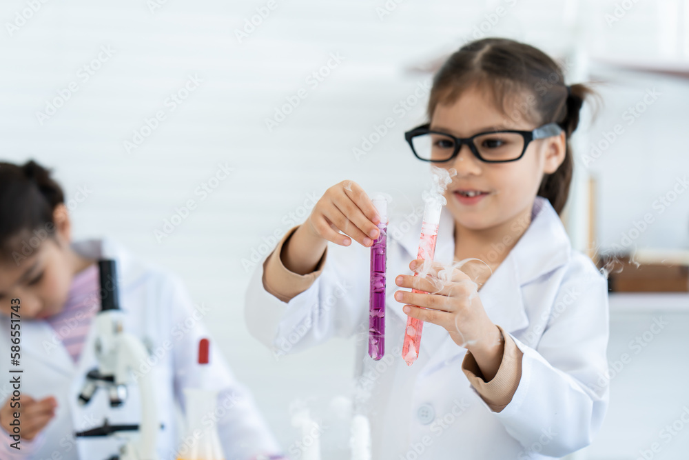 In chemistry classroom with many laboratory tools. Two little Asian girl in white lab coat help each other for experiment. A girl with glasses pick up orange and violet solution test tubes carefully. In chemistry classroom with many laboratory tools. Two little Asian girl in white lab coat help each other for experiment. A girl with glasses pick up orange and violet solution test tubes carefully.