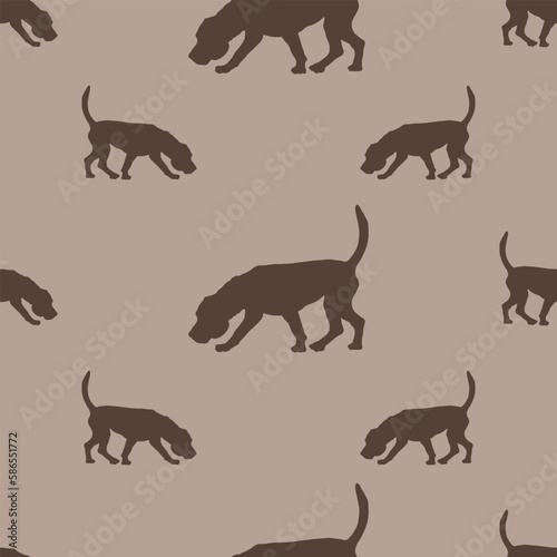 Dog silhouette. Walking and sniffing english beagle puppy isolated on a brown background. Seamless pattern. Endless texture. Use for wallpaper, fabric, template, print. Vector illustration.