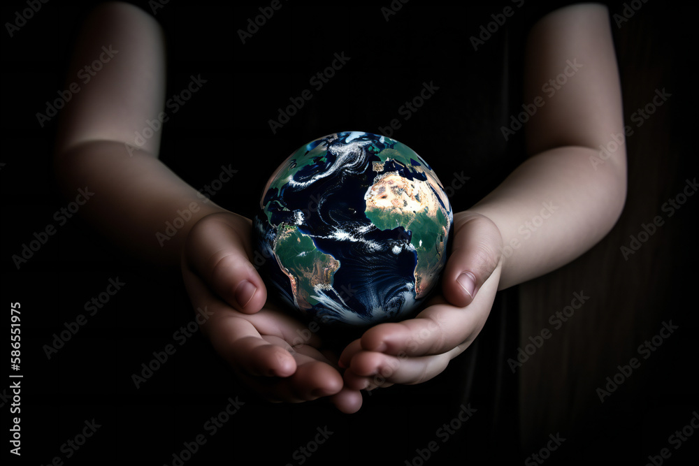 Kid holding the planet in hand, future concept, ai generated Kid holding the planet in hand, future concept, ai generated