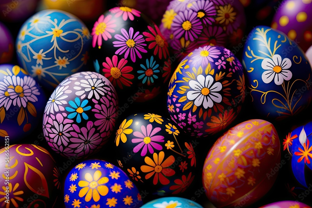 Flat lay of painted multicolored eggs with flowers decor, close-up. Generative AI. Concept of Easter and religious holidays. Flat lay of painted multicolored eggs with flowers decor, close-up. Generative AI. Concept of Easter and religious holidays.