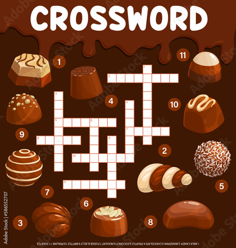 Chocolate candies and sweets crossword grid worksheet, find a word quiz. Vector puzzle page with milk candy, marzipan, truffle and coconut. Nougat, fudge, jelly and brittle, praline and souffle