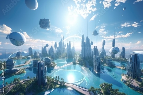 futuristic city surrounded by water and planets. Generative AI