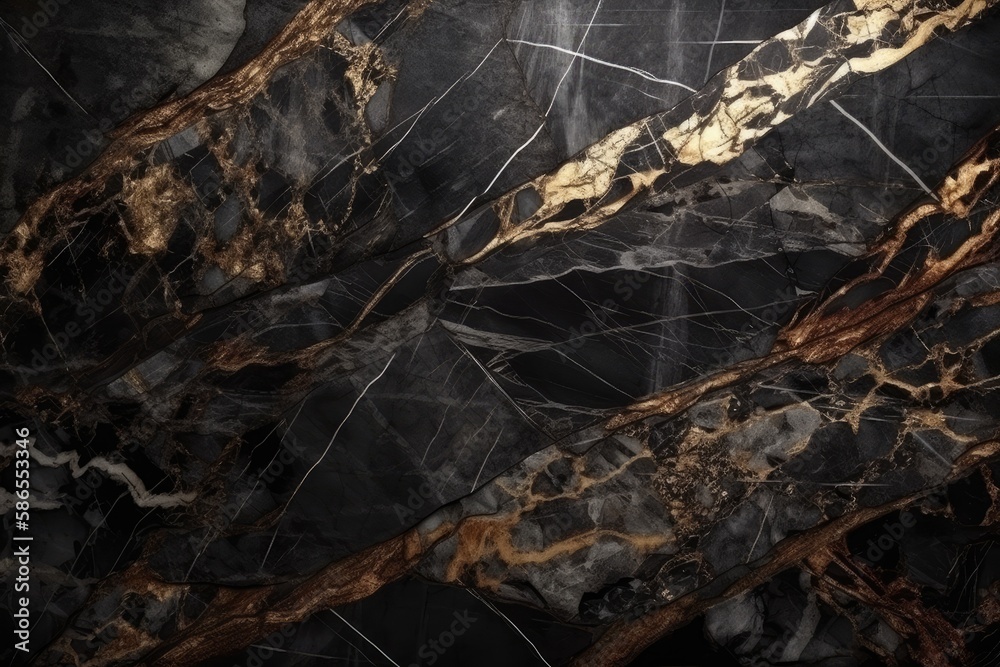 detailed close up of a white marble wall with intricate veining on a dark background. Generative AI