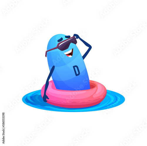 Cartoon vitamin D character on floater ring. Vector supplement calciferol capsule personage wearing sunglasses swimming in sea or pool at sunlight. Isolated smiling pill enjoying time on vacation