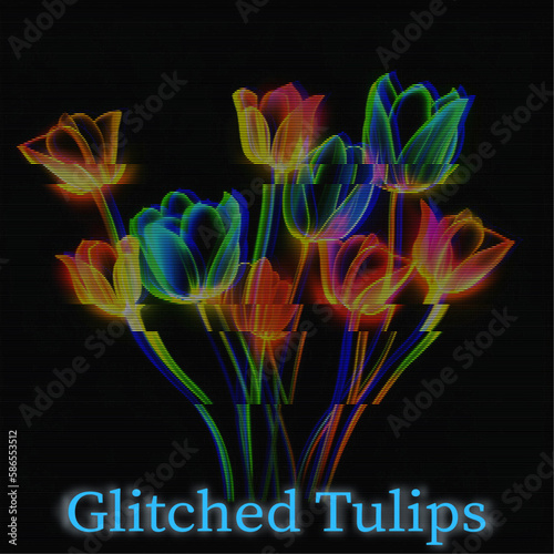 Glitched glowing neon tulips. Abstract glitch background. Cyberpunk wallpaper in a style of 80's. Futuristic concept. EPS 10. Creative graphic design for poster, brochure, flyer and card.