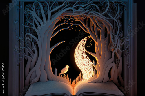 Fairy tale book, papercut, bird and tree. AI generative.