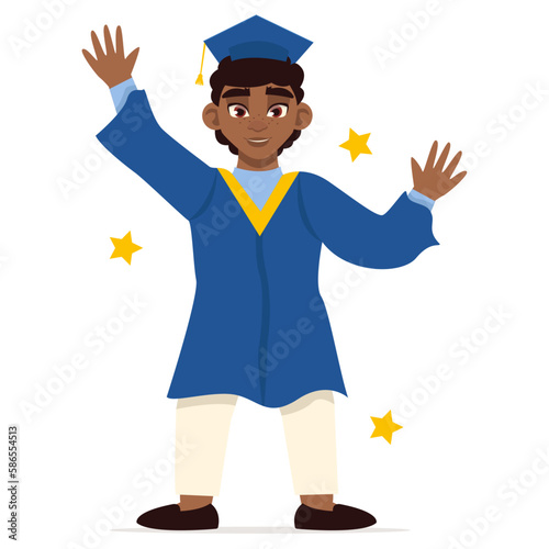 Graduation day. Graduate black man, in a mantle and a square academic cap. Jumping for joy. Vector graphic.	
