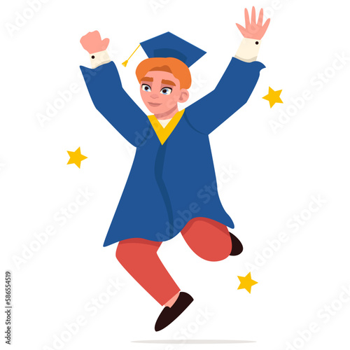 Graduation day. Graduate man, in a mantle and a square academic cap. Jumping for joy. Vector graphic.	