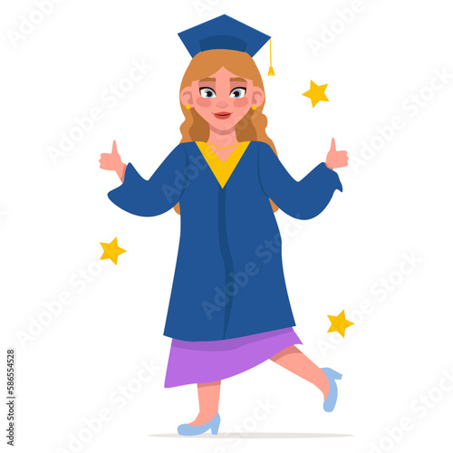 Graduation day. Graduate girl in a skirt, in a mantle and a square academic cap. Jumping for joy. Vector graphic.