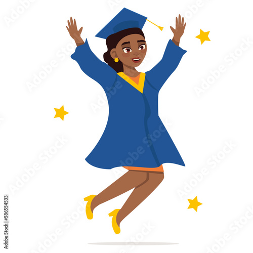 Graduation day. Graduate black girl in a dress, in a mantle and a square academic cap. Jumping for joy. Vector graphic.